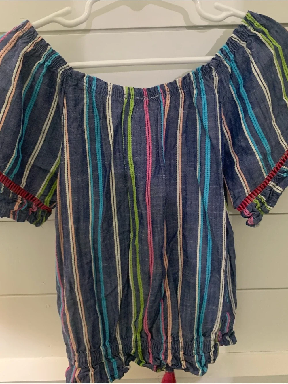 Girls' Navy Multicolor Striped Off-Shoulder Top ( Sz 4-5)